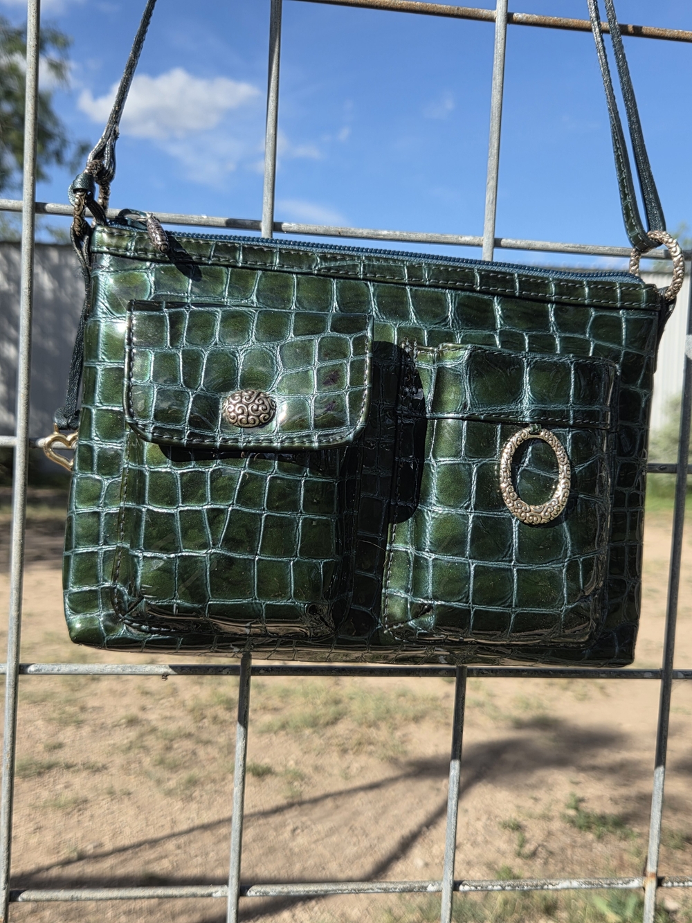 Brighton Cher Green Croc-Embossed Crossbody Bag with Dual Front Pockets